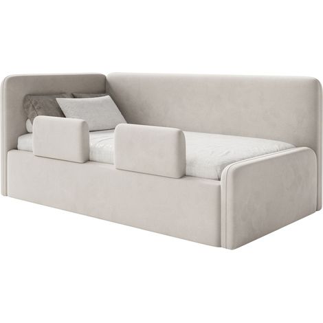 Selsey Fanko – Kinderbett 90x200 cm mit Rausfallschutz, Kopfteil links, Samt, Hellbeige (1/5)