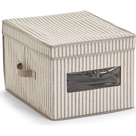 Storage Box w. lid "Stripes", non-woven, beige (1/3)