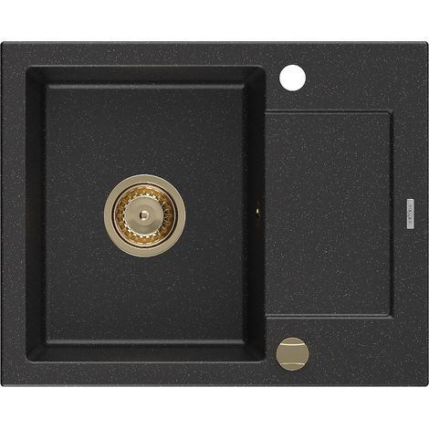 Mexen Enzo évier en granit à 1 cuve avec égouttoir 576 x 465 mm, Noir/ Argent métallique, siphon Or - 6506571005-73-G (1/5)