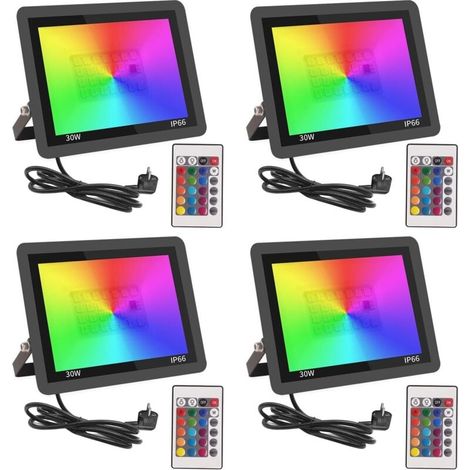 RGB Projecteur LED Extérieur 30W,Spot LED Couleur avec Télécommande,16 Couleurs 4 Modes Dimmable Éclairage Extérieur Murale,Étanche IP66 Luminaire Jardin pour Cour,Terrasse,Noël,Fêtes DJ-4pcs [Classe (1/4)