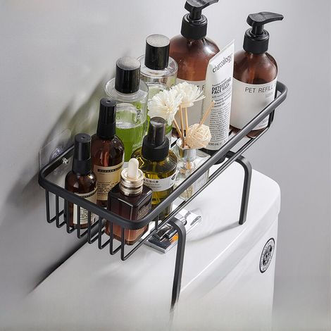 Étagère de rangement pour toilettes noire avancée à un niveau, à fixer au-dessus des toilettes ou au mur, multifonctionnelle, sans perçage, pour lavabo. (1/5)