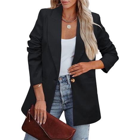 Veste de tailleur femme à manches longues, couleur unie, style décontracté, en polyester doux, idéale pour le travail et les activités de plein air, noire, taille L. (1/4)