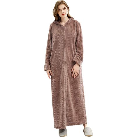 Peignoir femme à capuche zip longue, flanelle molleton hiver chaud, robe de chambre douillette, nuisette pyjama cosy, peignoir chaud à fermeture éclair (1/5)