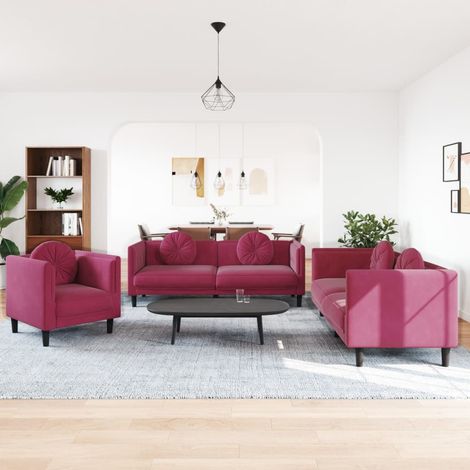 vidaXL Ensemble de canapés 3 pcs avec coussins rouge bordeaux velours (1/5)