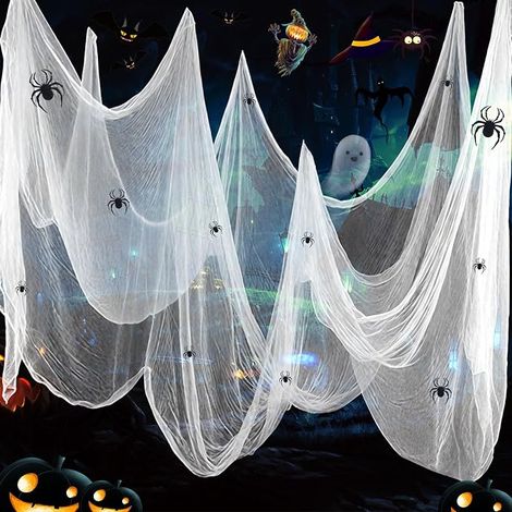 Halloween Deco White Tulle 215 x 600 cm with 12 Spider Decorations, Scary Fabric for Haunted House, Garden, Trees, Halloween Party Indoor Outdoor Decoration (1/5)