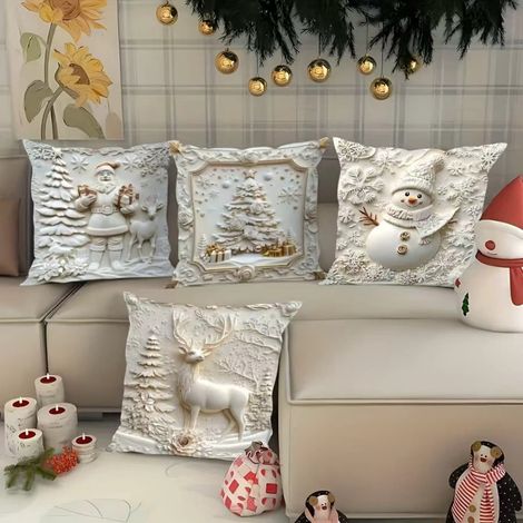 Housse De Coussin Noel - Motif 3D Peluche Santa Renne Arbre Et Bonhomme De Neige - Blanc - Pour Decoration Interieure - Lot De 4 (1/5)