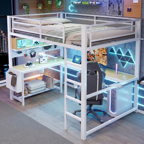 Lit mezzanine gaming 140x200cm en métal avec éclairage LED,tablette pour clavier,bureau,station charge,rangement,cadre de lit superposé double,blanc (1/5)