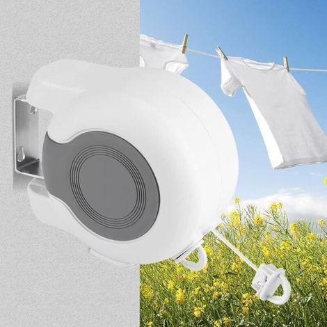 Stendibiancheria retrattile da esterno, estensibile fino a 13 m, da parete, con 2 ripiani per asciugare i panni, ideale per bagno, balcone, giardino e viaggi. (1/5)
