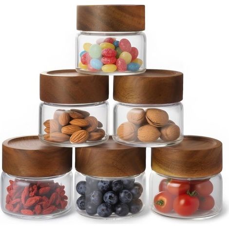 Juego de 6 tarros de cristal apilables y herméticos de 118 ml (con tapa de madera de acacia): tamaño pequeño，ideal para avena nocturna