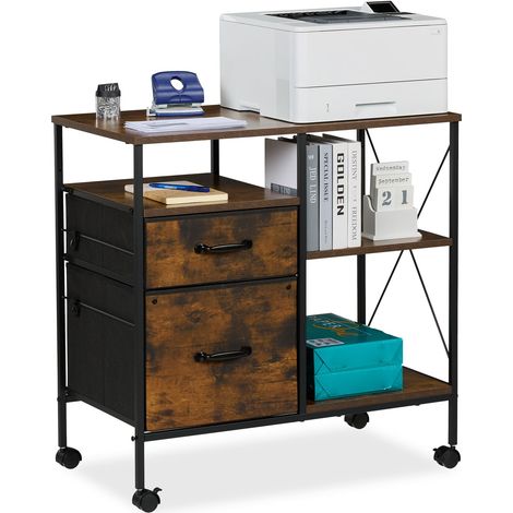 Relaxdays Mueble Impresora, Cajonera Oficina con Ruedas, 2 Cajones, Archivador Colgante, 75,5x76,5x40 cm, Marrón y Negro