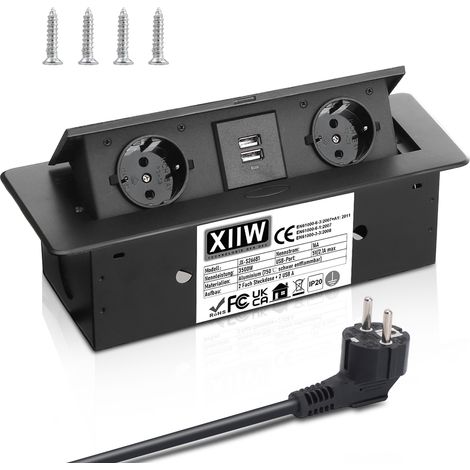 Prise encastrable escamotable en Aluminium - 3500 W/16 A - 2 Compartiments - Plateau de Table encastré avec 2 USB - Multiprise Electrique Plan de Travail, Cuisine, Bureau - Multiprise Plan 1.8M câble (1/5)