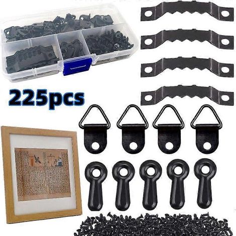 (Noir) Kit de 226 fixations pour tableaux avec vis, crochets et supports pour cadres photo, idéal pour les horloges à cadre en bois et les cadres muraux. (1/5)