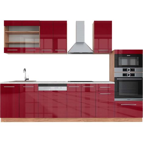 Mueble de cocina Fame-Line, Burdeos brillo intenso/roble dorado, 300 cm con armario alto, ET Mármol, Vicco
