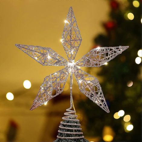 Étoile de Noël lumineuse à piles pour sapin. Décoration de sapin scintillante et ajourée. (1/5)