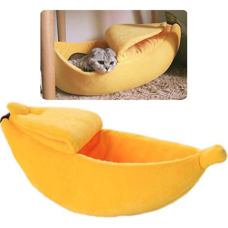 Katzenhaus mit gelb-bananenfarbenem Muster, niedliche Bettmatte, weiches Plüschkissen für Katzen, Kätzchen und kleine Hunde (1/5)