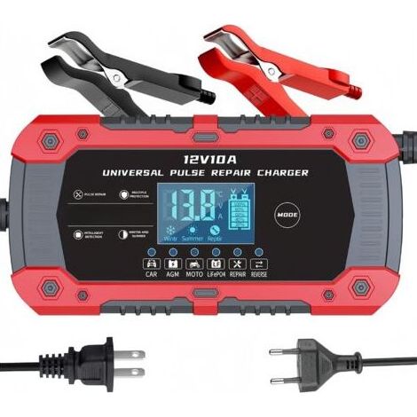 12 V 10 A RougeChargeur 12 V/14,6 V/10 A pour batteries lithium-fer-phosphate, chargeur de moto, chargeur de batterie de voiture, compatible avec les batteries au plomb-acide (1/4)