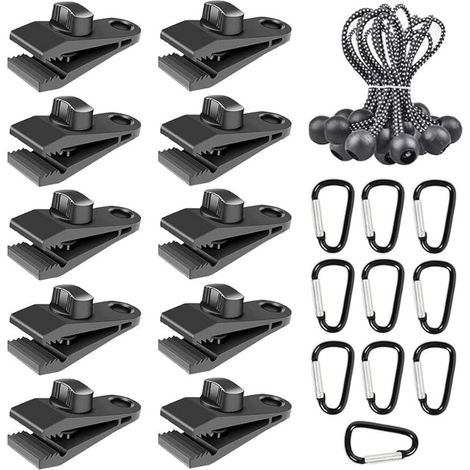 30 Stück Zeltclips, Planenclips, Markisenklemmen mit elastischer Kugelkordel und Karabiner für Outdoor-Campingzelte und Markisen (1/5)