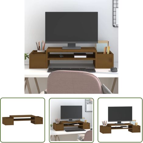 The Living Store Support de moniteur Marron miel 70x27,5x15cm Bois de pin solide - Support Ordinateur - Support Ecran - Support Monitor - Meuble Informatique - Bureau Ergonomique (1/5)