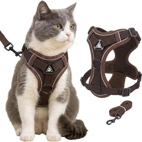Arnés para gatos con correa antiexplosión, correa ajustable para gatos, arnés para gatitos de malla transpirable, chaleco de seguridad suave con tiras reflectantes para gatos y perros pequeños (café-M (1/5)