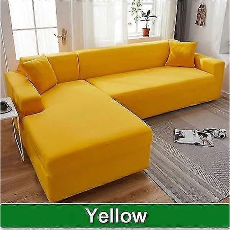 Housse de canapé solide pour salon, housse de canapé d'angle élastique en forme de L (4 places, 230-300 cm, jaune) (1/5)