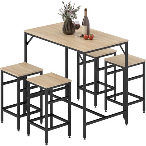 Ensemble table/tabourets bar, table haute 4 tabourets, table 5 pièces, acier/chêne (1/5)