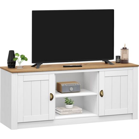 Idimex – Meuble TV en pin massif blanc/brun – 2 compartiments fermés avec portes – 2 niches ouvertes – Dimensions monté 57 x 138 x 40 cm (1/4)