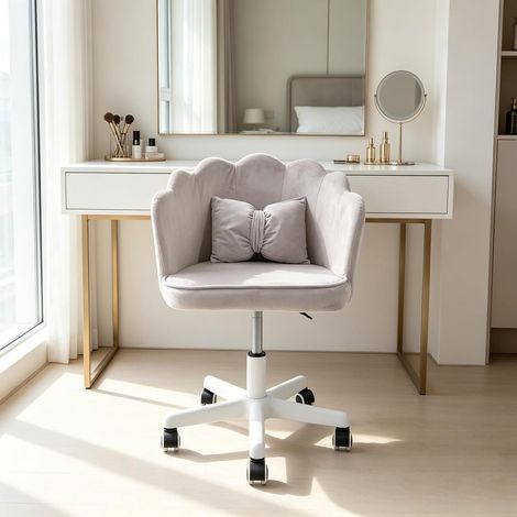 Cute Petal Desk Chair, Velvet Vanity Chair with Bow Cushion & Wheels, Upholstered Mid-Back Office Chair, 360° Ergonomic Computer Desk Chair for Girls Women, 220lb Capacity for Bedroom Living Room (1/5)