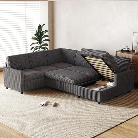 Canapé-lit d'angle moderne en forme de U avec fonction couchage, canapé-lit gigogne, tissu velours côtelé épais, méridienne avec espace de rangement, gris, 220×274×85 cm (1/5)