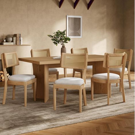 Sillas de comedor de madera con respaldo de ratán y asiento de lino, juego de 6 DESVIAE (1/5)