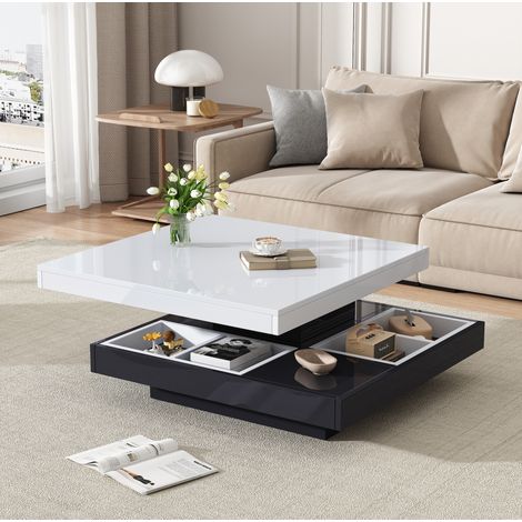 Mesa de centro 70x70x36 cm blanco y negro en tablero de partículas con tapa giratoria 360° y estante (1/5)