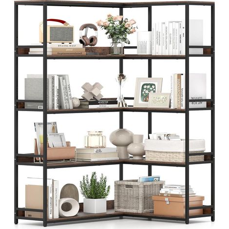 Libreria angolare con 5 ripiani 110 x 89 x 180 cm con maggiore sicurezza e stile industriale in metallo marrone 200010670