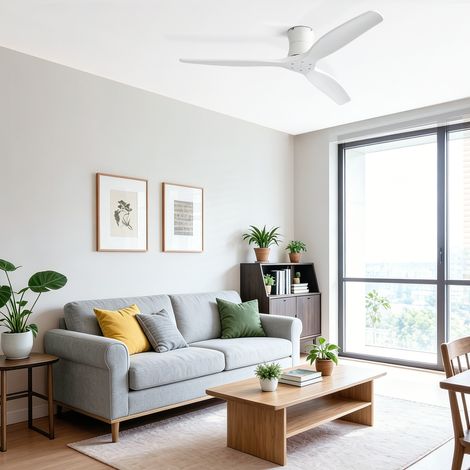 Ventilateur de plafond de 52 pouces sans éclairage, télécommande incluse, moteur DC, 3 pales en bois massif (1/5)