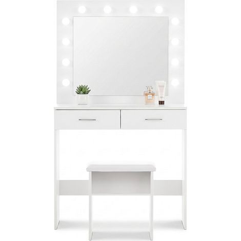 Aga Schminktisch mit Spiegel 12 LED Glühbirnen und gepolsterter Hocker Weiß matt (1/5)