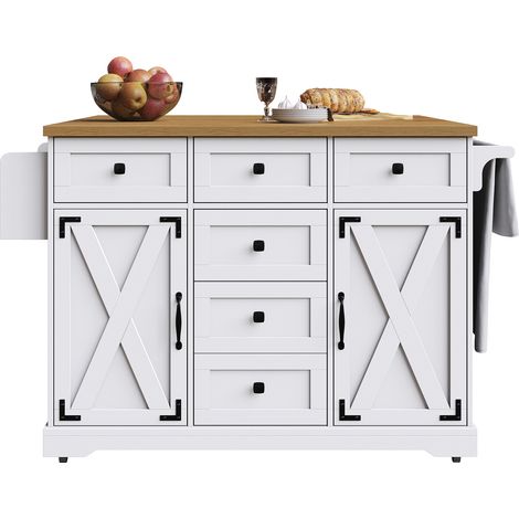 Îlot de cuisine mobile avec rangement, plateau effet bois – Desserte pour salle à manger, salon ou cuisine, blanc