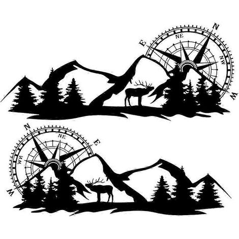 Lot de 2 autocollants de carrosserie avec boussole et cerf de montagne pour fourgonnette ou camping-car (noir) (1/5)