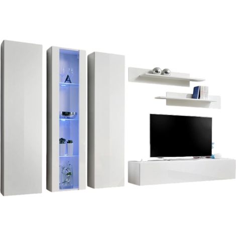 Mobile TV FLY C4 di design, colore bianco lucido. Mobile sospeso moderno e alla moda per il tuo soggiorno.