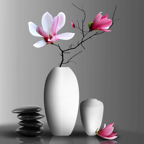 Tableau fleur rose magnolia | Tableau salle de bain vase blanc & galet fond gris | Tableau sur toile moderne pour couloir - 0,5 x 0,5 m (1/2)