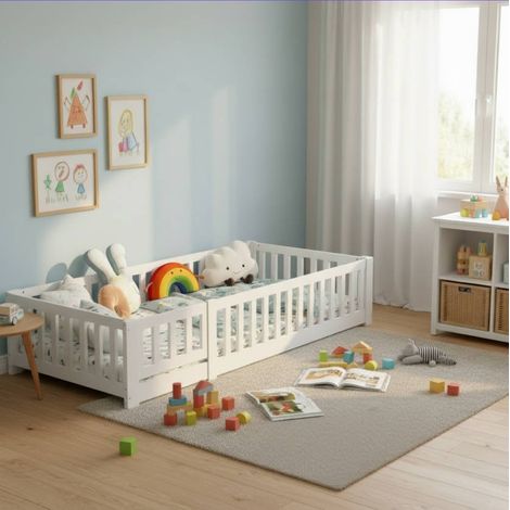 Lit Montessori 90 x 200 cm, Lit Enfant avec barrière de sécurité et sommier à lattes, Lit au sol en Bois de Pin Blanc