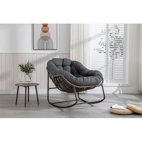 Fauteuil à Bascule en Rotin Design Œuf - XL - Coussin Épais Gris Foncé - Structure Acier Robuste - Gris Foncé (1/5)