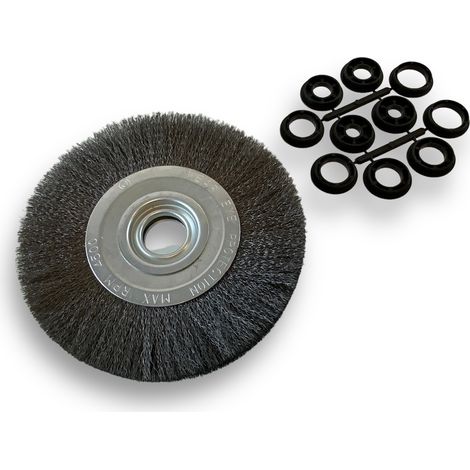 Brosse circulaire ACIER  Ø 200 mm  Epaisseur 2 rangs  Fil dur 0.30 mm ondulé  Alésage 32 mm + réducteur bague 25/22/20/16/12 mm  Touret meuleuse affûteuse ponceuse  Kibros 238202AT