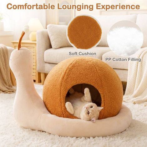 Panier pour chat en peluche en forme d'escargot marron et blanc avec coussin amovible et fond antidérapant pour intérieur et salon (1/5)