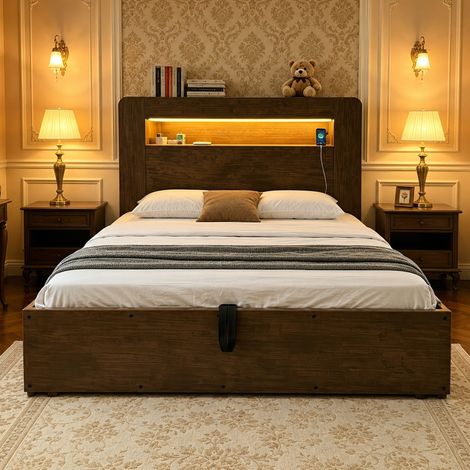 Cadre de lit en bois avec rangement, système de levage hydraulique, tête de lit LED, prises intégrées et compartiments de rangement, lit plateforme moderne en bois vintage 140200 (1/5)