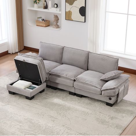 FloraGrace Canapé modulaire 3 places, 260 x 132 x 84 cm, corduroy, hocker, USB C, gris clair (1/5)