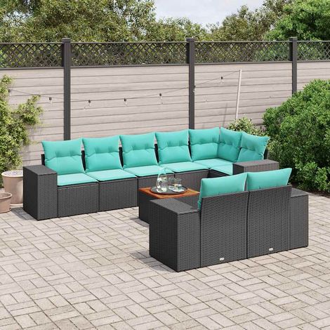 9-teiliges Gartensofa-Set mit Kissen, schwarzes Polyrattan (1/5)