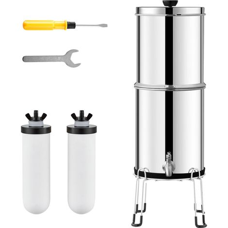 Schwerkraft-Wasserfiltersystem, 2,25 G aus Edelstahl 304, reduziert Blei und 99 % des Chlors, mit 2 Keramik-Kohlefiltern, Wasserhahn und Ständer. (1/5)