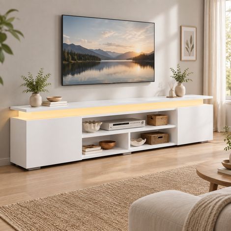 Mueble TV 180 x 35 x 42 cm con LED RGB, 2 armarios y 3 nichos, MDF blanco REDOM (1/5)