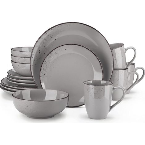 Tafelservice Steingut Kombiservice Vintage Natur 16 Teile Set Grau (1/5)
