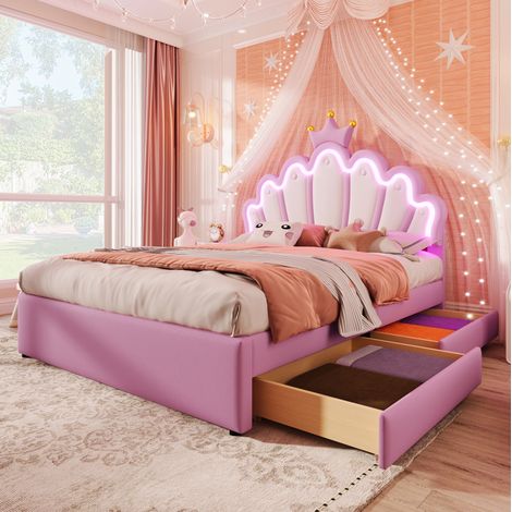 MEUBLIV Bett 140x200 cm Rosa – 2 Schubladen, LED-Fernbedienung, ohne Matratze (1/5)