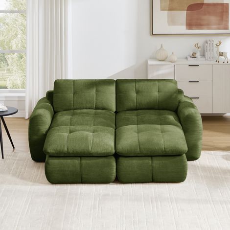 Divano modulare 2 posti verde in ciniglia, 194/160/68 cm con 2 pouf (1/5)