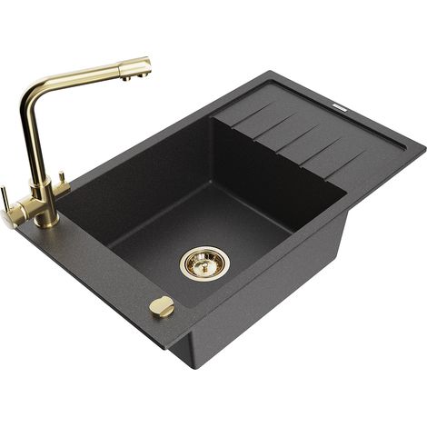 Mexen Elias fregadero de granito de 1 cubeta con escurridor y grifo de cocina Duero, negro moteado - 6511-76-671600-50 (1/5)